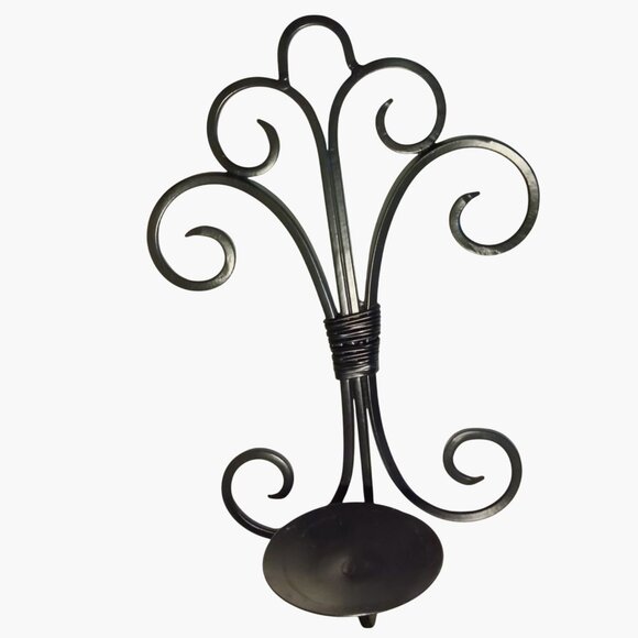 Mediterranean Black Candle Holder Metal Sconce Wall Mounted Scroll Design - Picture 2 of 6